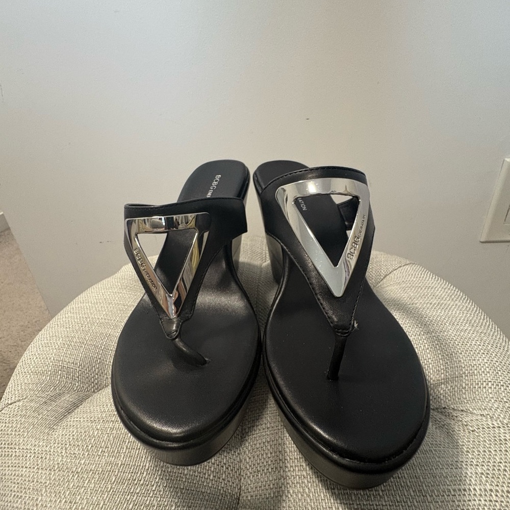 BCBGeneration Black Sandal Wedge with Silver Accents
